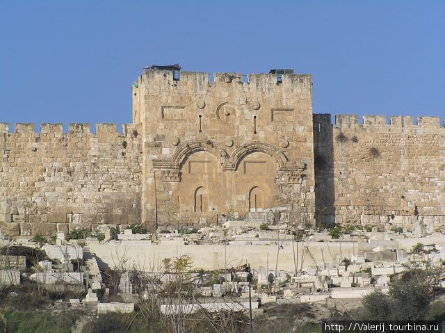 Ворота, через которые Иисус входил в Иерусалим. В настоящее время они заложены камнями (это сделали мусульмане, чтобы во время 2-ого пришествия Иисус не смог войти в эти ворота, как это было предсказано)