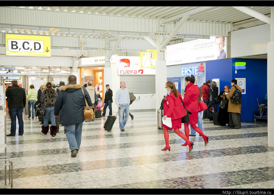 Девушки в сексуальной красной форме — бортпроводницы австрийских авиалиний, спешат на рейс. Вена, Австрия