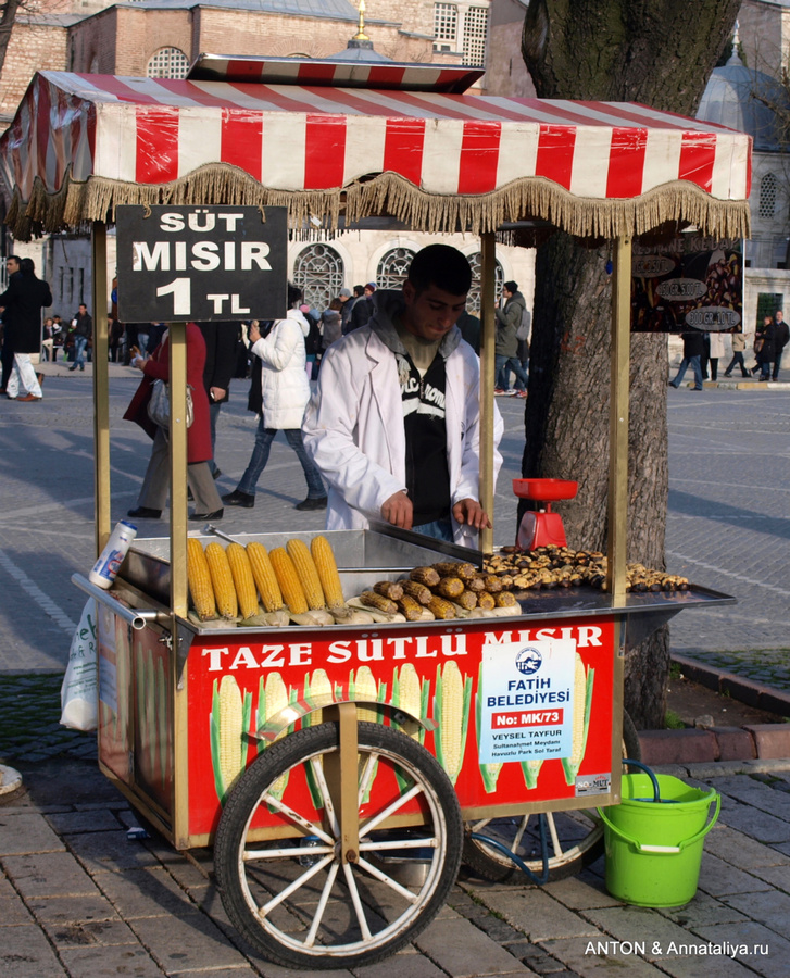 Жареная кукуруза и жареные каштаны Стамбул, Турция