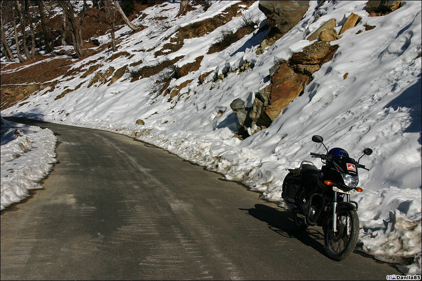 Дорога отличная, потому что никуда не ведёт и заканчивается через 500 метров. На солнце сухо, в тени лёд. Манали, Индия