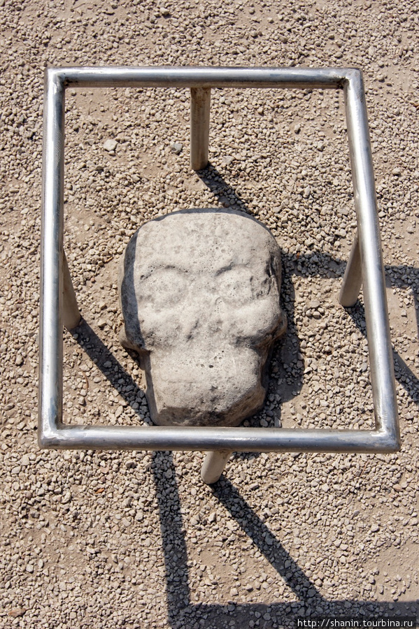 Каменный череп на игровой площадке Коба, Мексика
