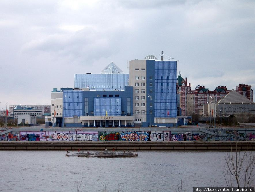 С другой стороны этого здания находится театр СурГУ, обращенный фасадом к реке Сайма. Сургут, Россия