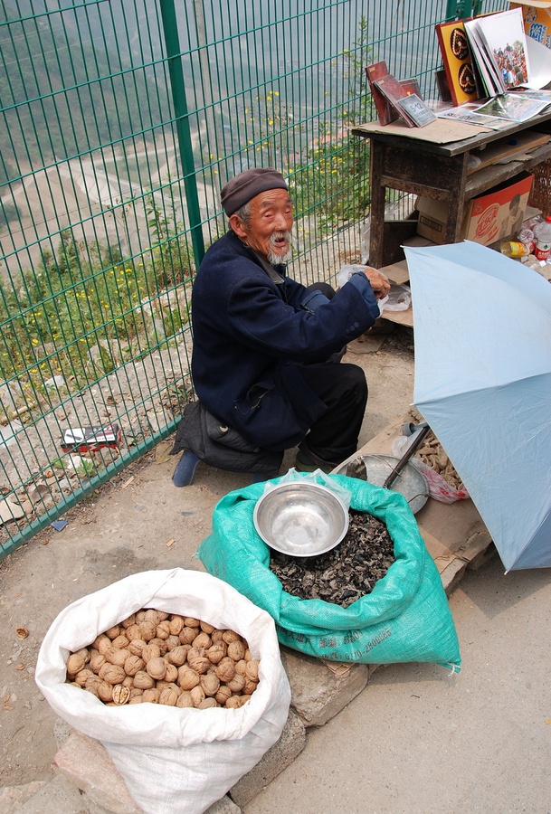 Жизнь продолжается.  Местный житель продает приезжим орехи, буклеты и диски с записью землетрясения. Мяньян, Китай