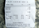 Чек из аптеки. Помимо стоимости таблеток (1,82 евро) здесь интересна надпись: Kiitos kaynnista! 
типа, спасибо за покупку! :) Интересно, а на наших чеках из аптеки так пишут?