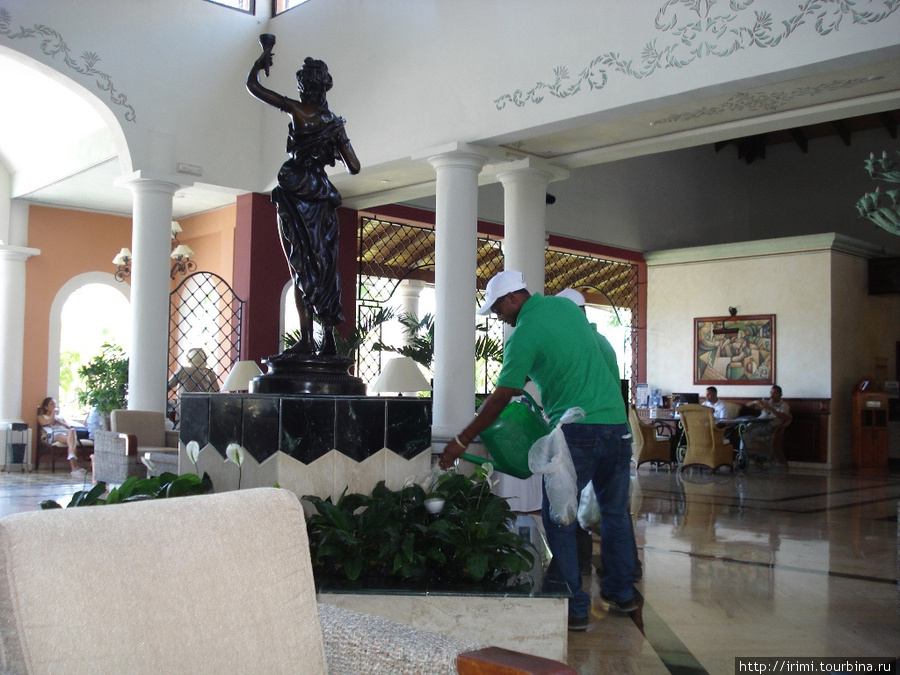 Для каждой задачи- отдельная группа работников. Эти ухаживают за растениями в лаби Пунта-Кана, Доминиканская Республика