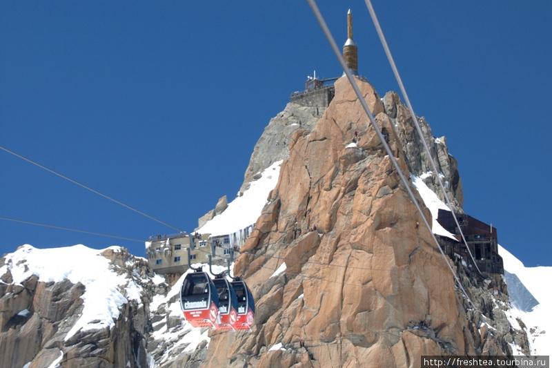 Красные кабинки с надписью Chamonix и высотой вершины в 4807 м — вроде визитки курорта. В одной из таких кабинок мы  пересекли границу Франции ... по воздуху — и вышли на верхней станции уже в итальянских Альпах. Шамони, Франция
