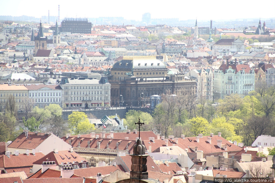 Вид на набережную Праги из Пражского Града. Желто-коричневое здание это Национальный театр праги Прага, Чехия