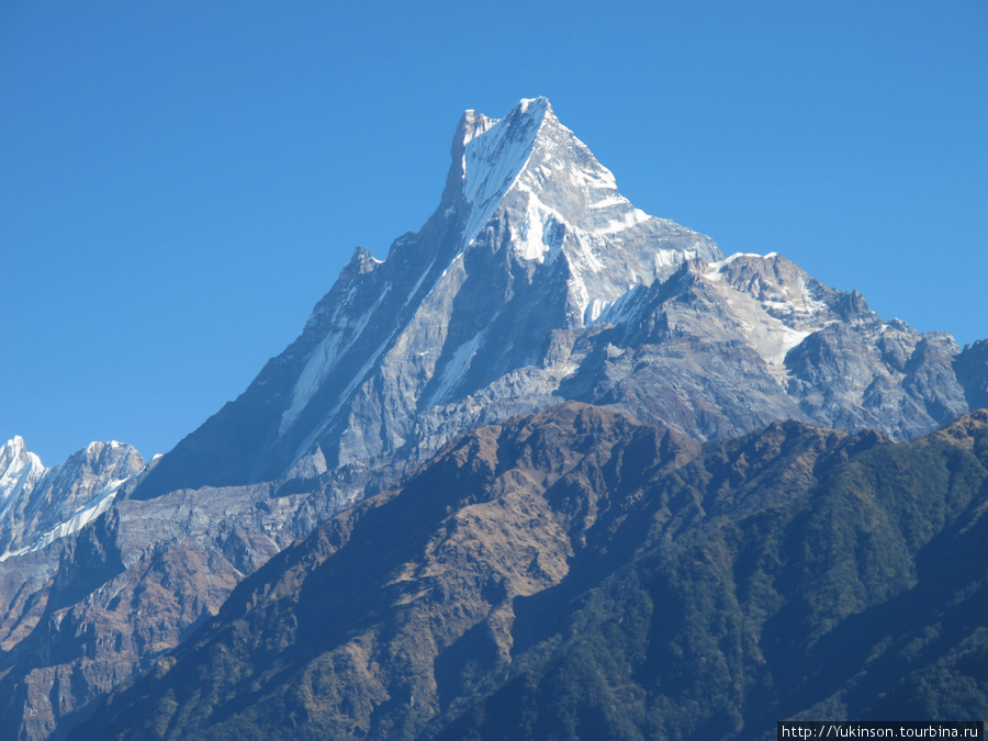 Мачхапучра (переводится с непальского как рыбий хвост) — священная гора. Хотя в треке перед АВС есть базовый легерь Мачхапучры, залезать на нее запрещено (видимо непальцы боятся что нога альпиниста осквернит ее). Только одна экспедиция до запрета успела сделать попытку восхождения — не добрались 40 м до вершины. Национальный парк Аннапурны, Непал