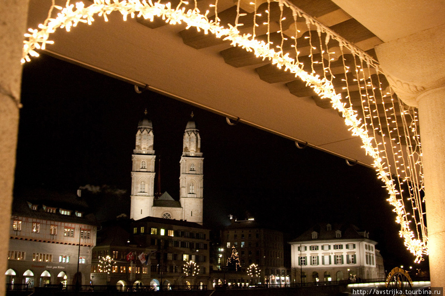 Очарование ночного рождественского города Цюрих, Швейцария