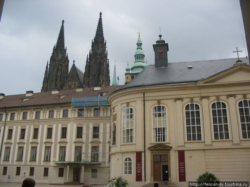 Из-за административных зданий выглядывают шпили собора святого Витта Прага, Чехия