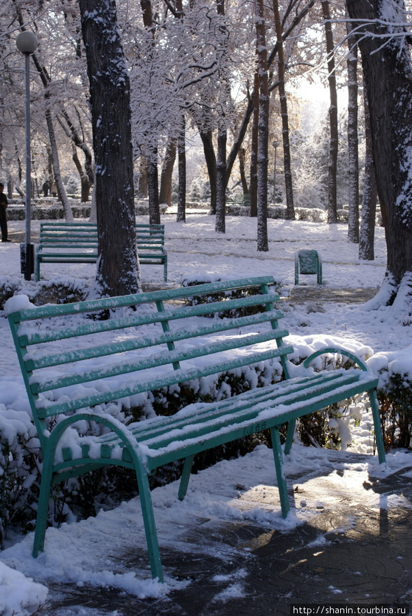 Скамейка в парке в Алма-Ате Алматы, Казахстан
