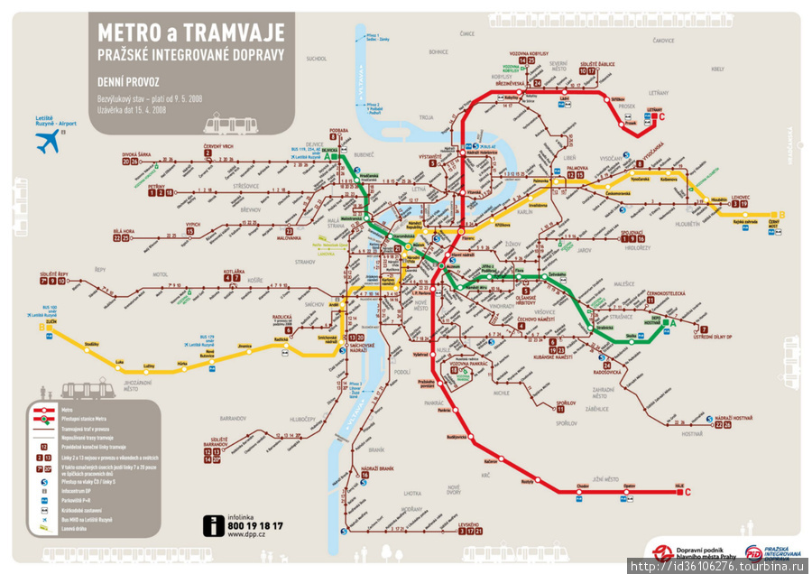 Карта метро и трамваев в городе Прага. Прага, Чехия