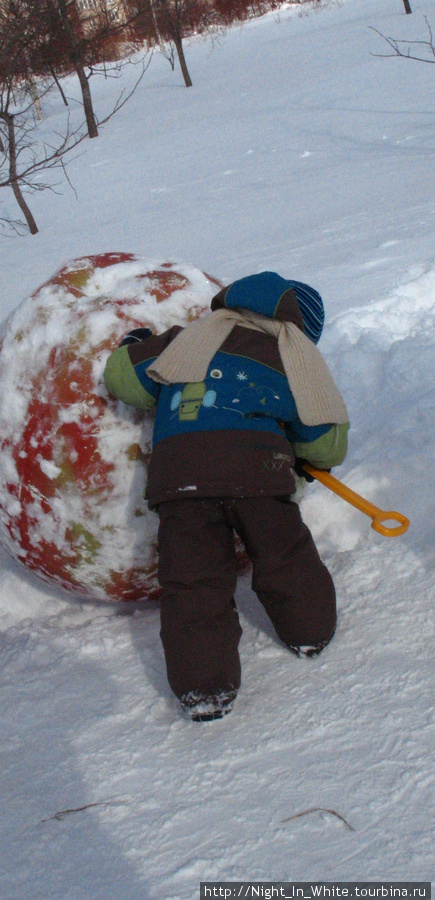 И ещё одно яблоко, только объёмное.
Ребёнок старательно очищает его от снега лопаткой. Санкт-Петербург, Россия