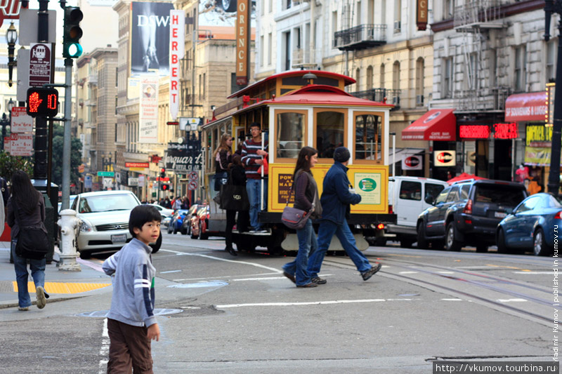 Канатный трамвайчик — символ города, когда-то только он мог подняться на городские холмы — такие они крутые. Сан-Франциско, CША