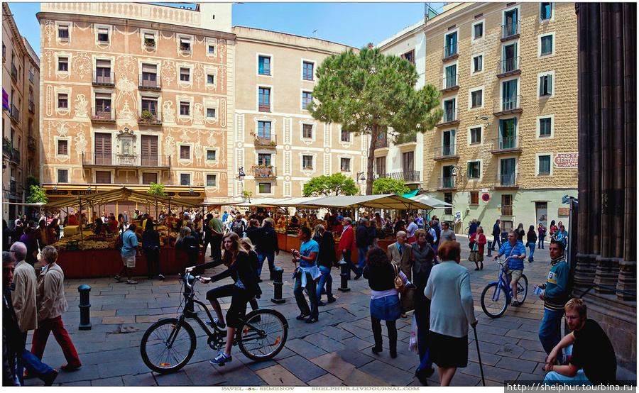 Plaça del Pi. Попали на рынок выходного дня, где продают различные сувениры,сыры, масла, вино и еще кучу всего домашнего приготовления. Барселона, Испания