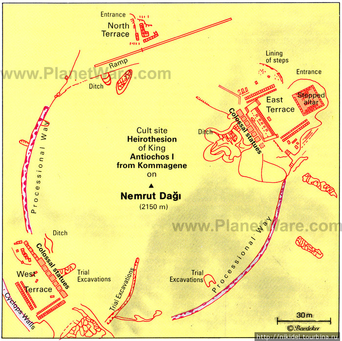 карта святилища на горе Немрут Кахта, Турция