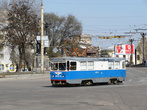 Вагон технической помощи на базе трамвая МТВ-82.Имеет две рабочие кабины.Находится на пересечении трёх дорог:Московский проспект,Армянский переулок и улица Кооперативная.