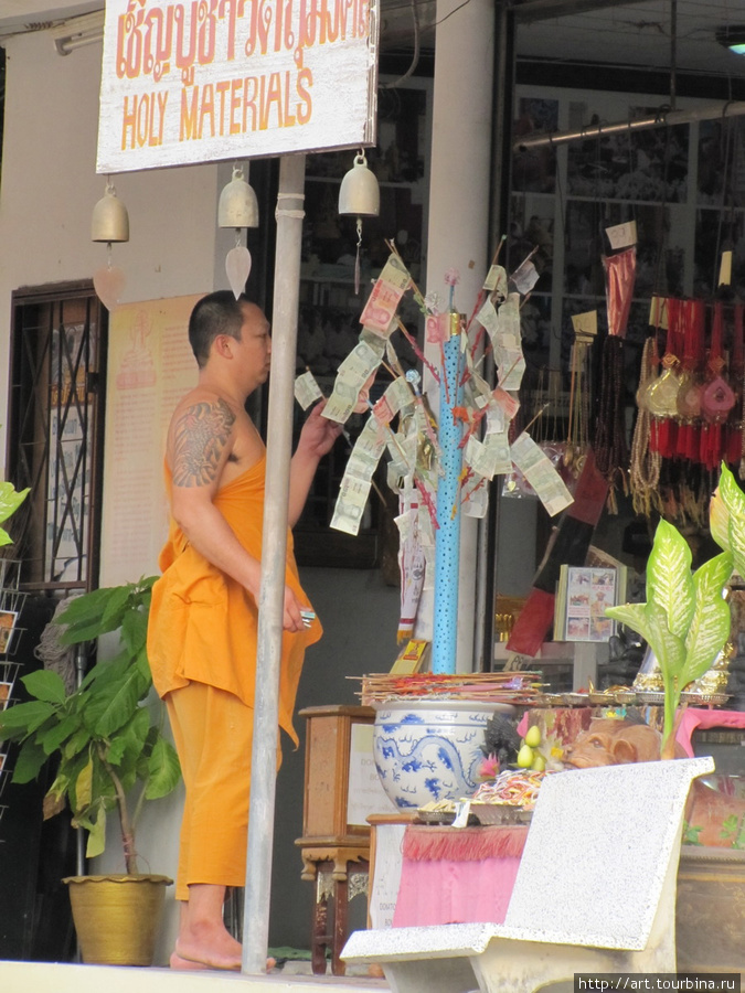 Утро. Монах подправляет хлебное денежное дерево. Остров Самуи, Таиланд