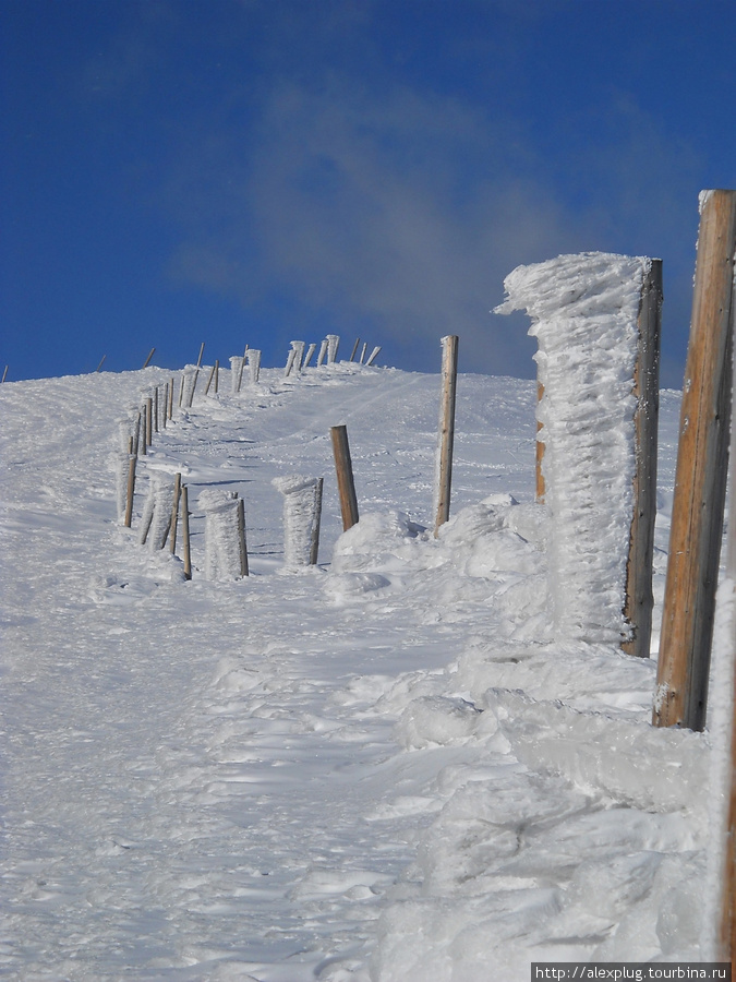 Эти столбы вкопали после серии трагических событий, когда туристы в условиях плохой видимости теряли направление. В хорошие, снежные зимы высота столбов, торчащих из-под снега, не превышает уровня колена. Ясиня, Украина
