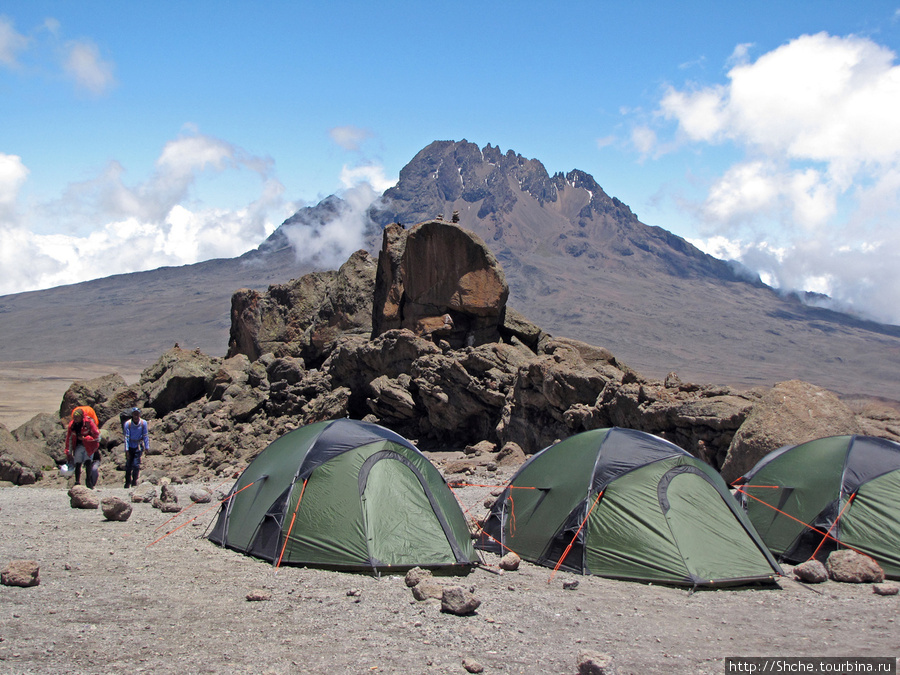 У входа Kibo Hut палатки екстрималов. Гора (вулкан) Килиманджаро (5895м), Танзания