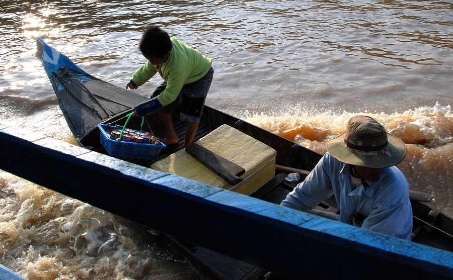 Меня впечатлило, как дети попадают на лодку к туристам.  Отец догнал нашу лодку и поравнявшись с ней приблизился, далее мальчик, с тяжелой корзиной встав на край, прыгнул к нам. И это все на скорости. Провинция Сиемреап, Камбоджа