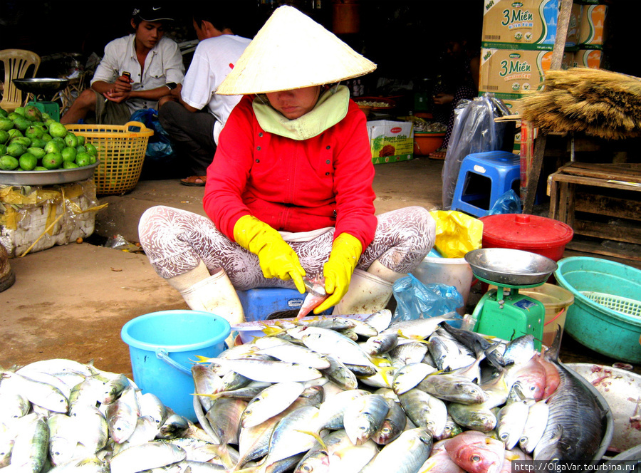 Рыбу здесь же очищают от чешуи, что показалось немного странным Остров Фу Куок, Вьетнам