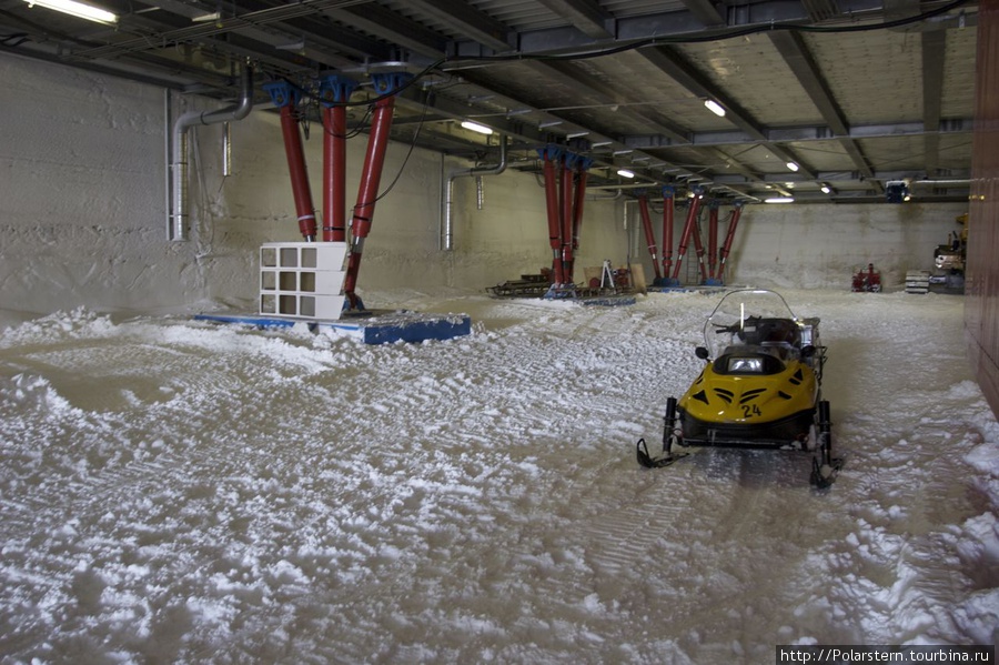 Гараж на минус первом этаже станции (в котловине, вырытой в леднике). Видны гидравлические распорки здания. Антарктическая станция Неймайер III (Германия), Антарктида