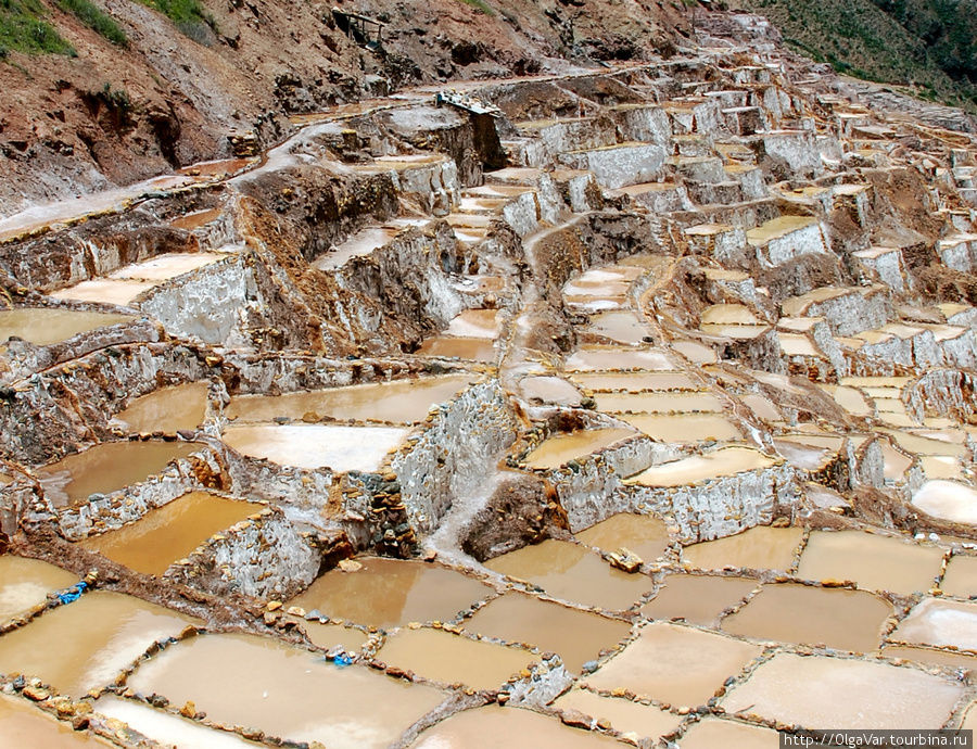 Кое-где вода уже испарилась и проступили кристаллы соли Урубамба, Перу
