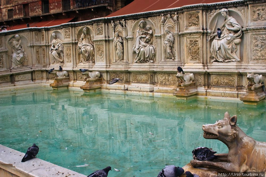 Источник «Радость», построен в 1419 г. Первый фонтан на этом месте был сооружён в 1343 г., спустя год после того, как в центр Сиены провели питьевую воду из Стаджии, поступавшую по многочисленным подземным каналам. Сиена, Италия