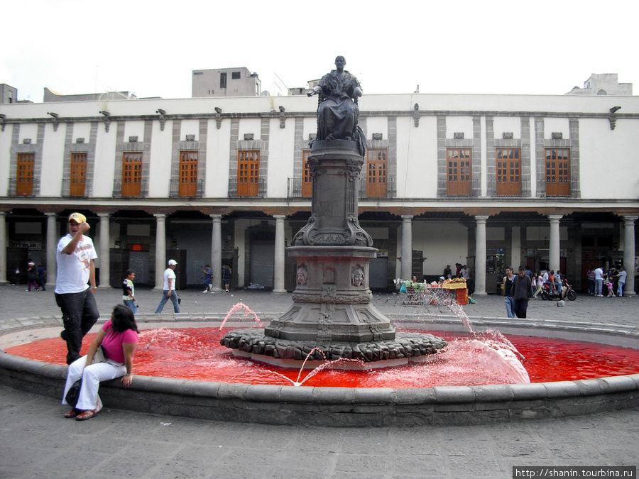 Фонтан с кроваво-красной водой на площади перед Доминиканским собором Мехико, Мексика