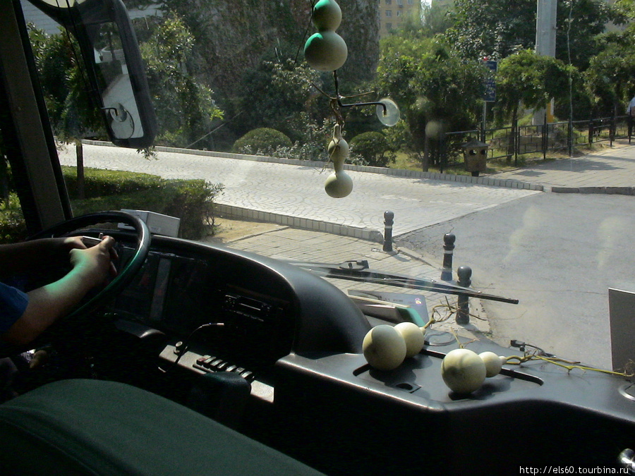 на панели нашего автобуса водитель сушит какие-то тыквы. Пекин, Китай