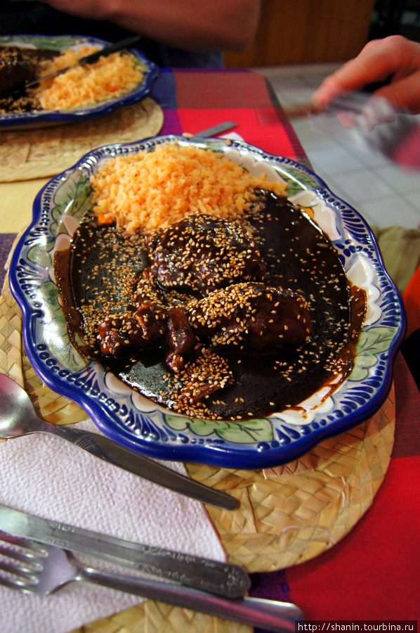 Курица под соусом моле — традиционная мексиканская еда Пуэбла, Мексика
