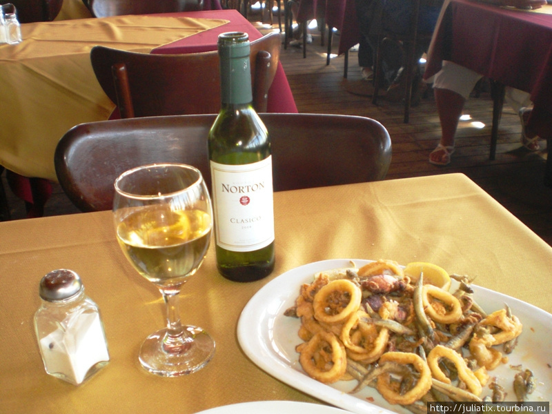 обед в ресторанчике на маяке- ассорти морепродуктов фри + вино с бодеги Нортон, по рекомендации официанта. Мар-дель-Плата, Аргентина