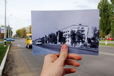 центральная улица Пролетарская (пересечение с ул. Белинского)
фотография 1978 года 
одна из первых 5этажек