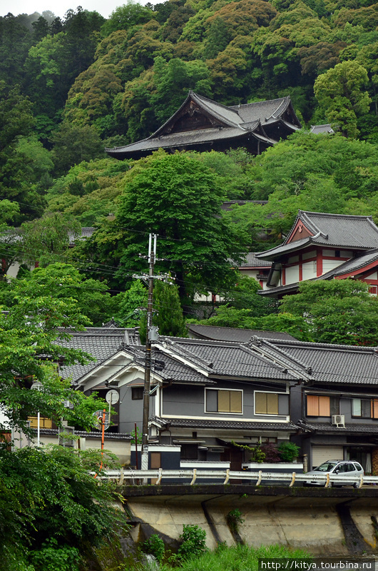 Крыши зданий храма Хасэдэра виднеются посреди холма. Сакурай, Япония