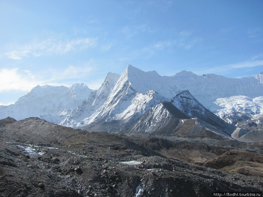 Вид с подъема на Чукхунг-Ри. Впереди — моренный вал ледника, сползающего с Лхоцзе, в середине видно лениковое озеро. Вдалеке — путь к Амбулапча-Ла — перевал высотой 5800 метров Чукунг, Непал