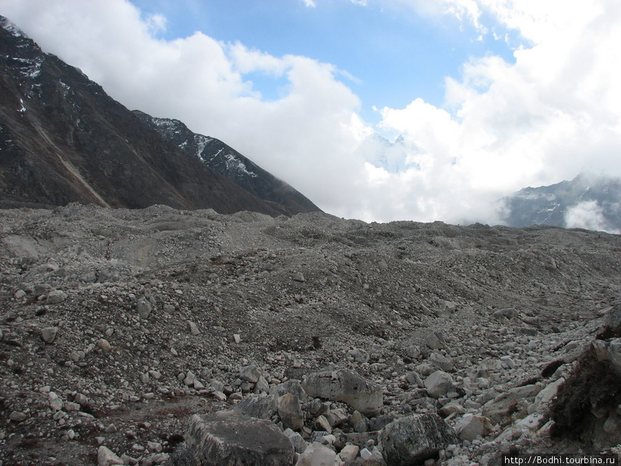 Гигантский ледник, сползающий с Эвереста. Это кажется просто каменной грядой, но под камнями — лёд. Всё это медленно ползет вниз, в долину Лобуче, Непал