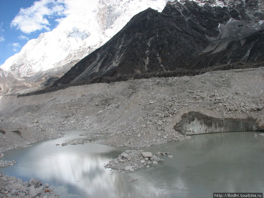 Здесь видно, что лишь тонкий слой пкска и камней лежит на льду Лобуче, Непал