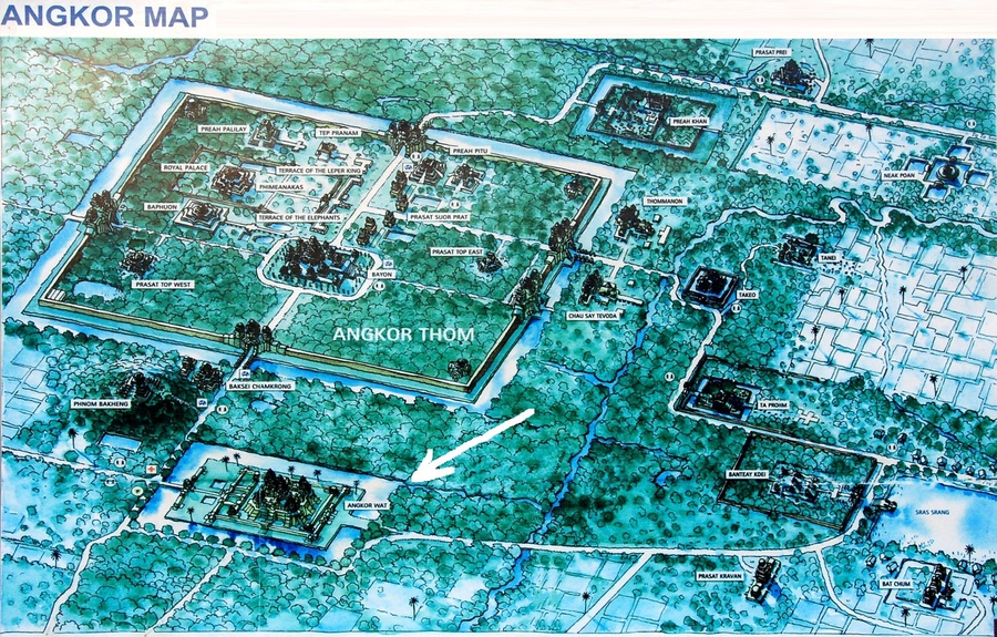 Карта всего Ангкора. Стрелкой выделен Ангкор-Ват. Ангкор (столица государства кхмеров), Камбоджа
