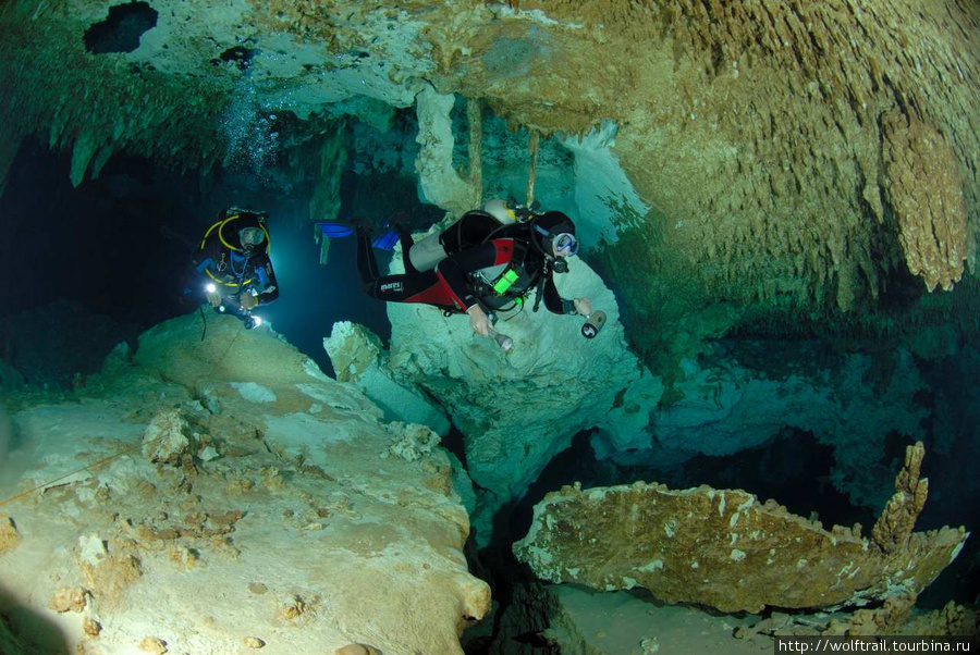 Дайвинг в сталактитовой пещере Тулум, Мексика