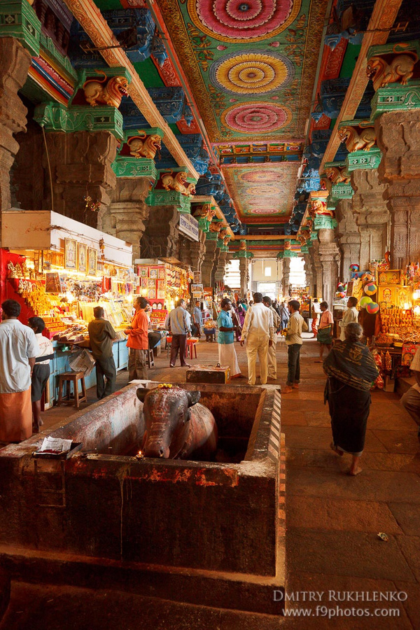 Внутри находятся лавки, где вовсю идет торговля (так и вспоминается то, как Иисус вышвырнул торговцев из храма). Мадурай, Индия